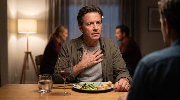An adult sitting upright at a dinner table with one hand near their chest beside a glass of wine, a glass of water and a small meal.