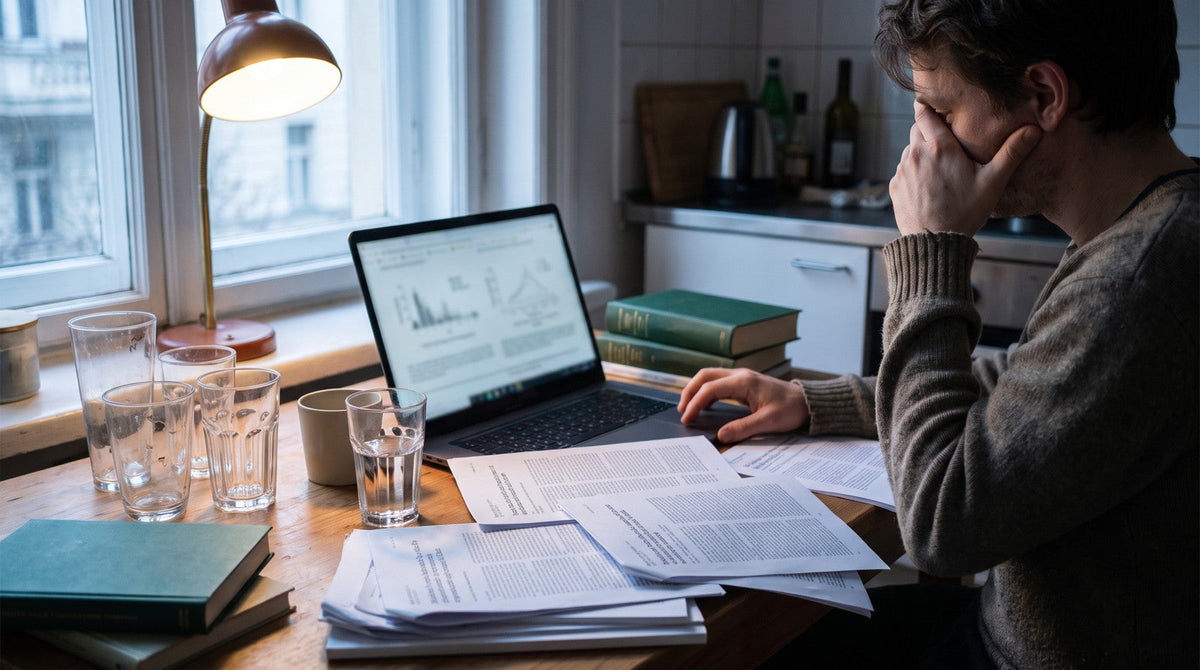 An adult looks over papers beside an open laptop at a kitchen table, with water and several glasses nearby.