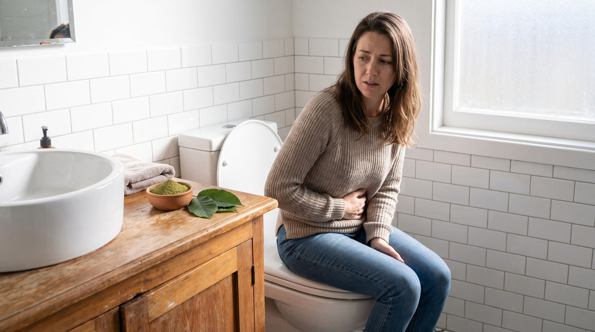 A fully clothed adult sits on a closed toilet lid with one hand on their lower abdomen while a bowl of green kratom powder and kratom leaves rests on the nearby bathroom vanity.