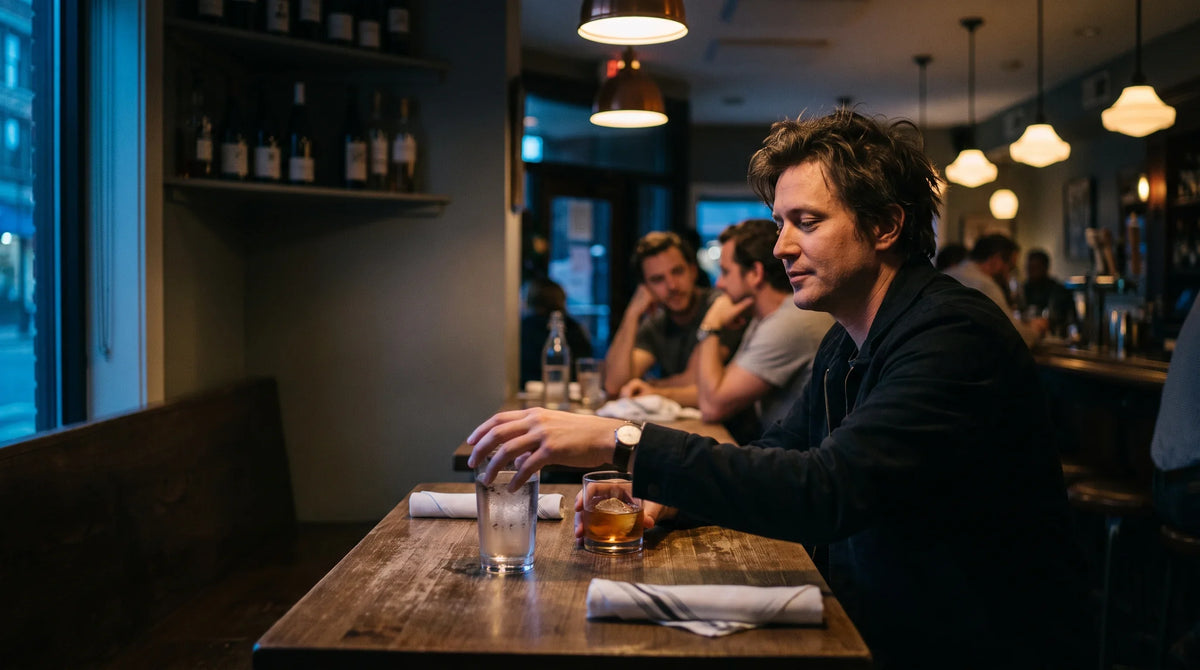 Adult at a bar reaching for water beside an alcoholic drink.