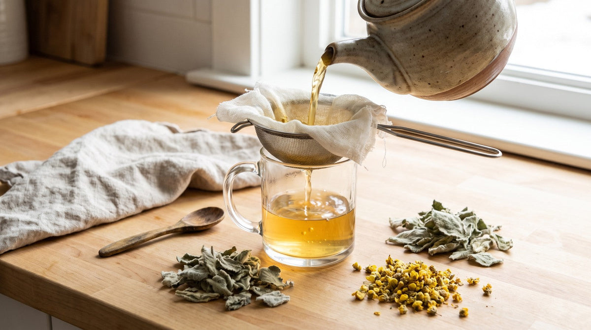 Golden mullein tea being filtered through a cheesecloth-lined fine-mesh strainer into a clear glass mug beside dried mullein leaves and yellow flowers.