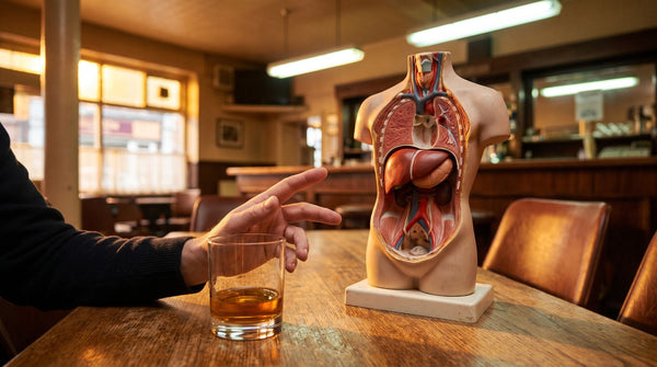 A glass of amber-colored drink beside an anatomical torso model with the liver visible.